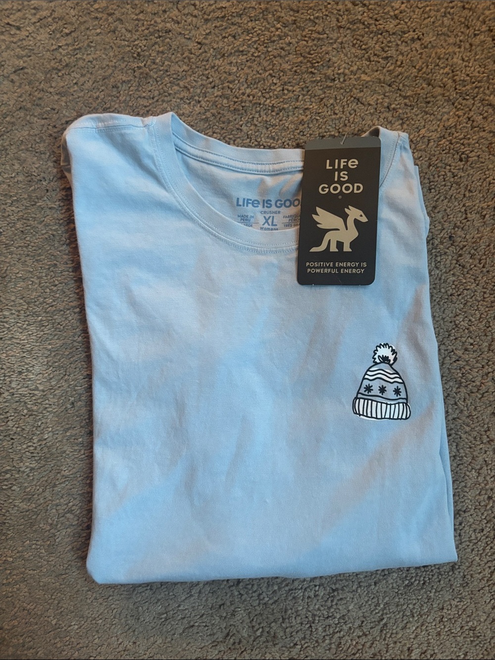 NWT Life Is Good Women’s Light Blue Long Sleeve Tee with Graphic on back